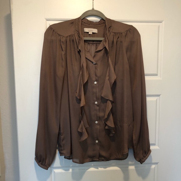 LOFT tan blouse with ruffle tie neck! (L) - Picture 1 of 5
